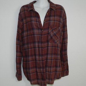 Garage boyfriend fit long sleeve button down plaid shirt in purple/maroon tones